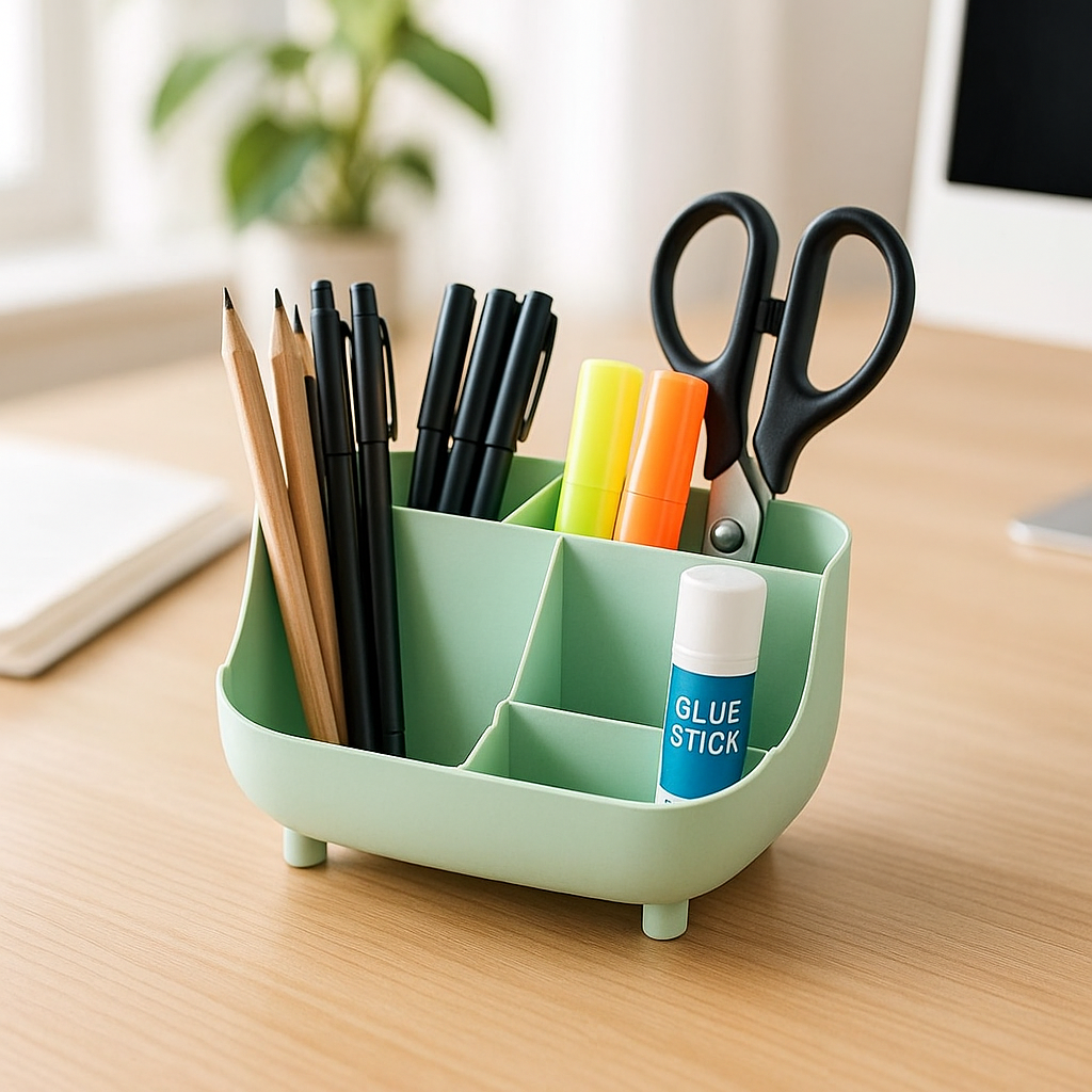 organisateur de bureau vert six compartiments remplis de fournitures