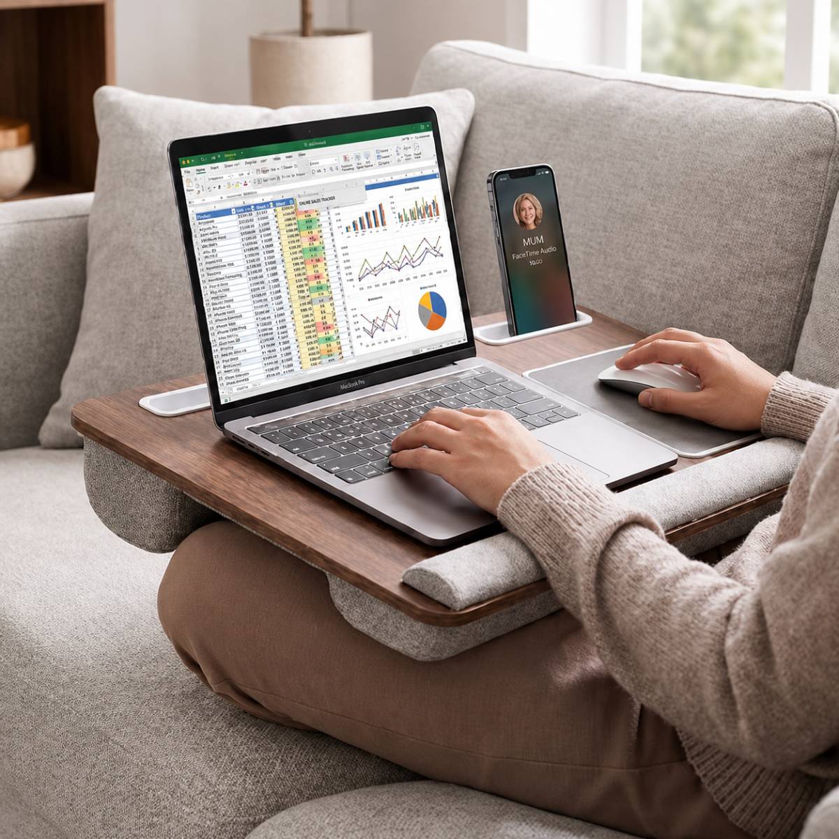 Support Elevodesk compatible avec canapé, lit, fauteuil et sol.