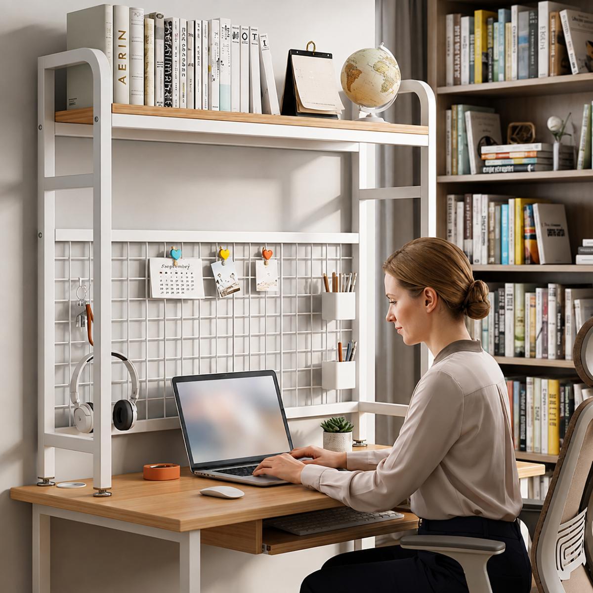 Bureau étagère Ervane avec panneau perforé modulable pour accessoires.