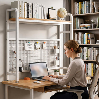 Bureau étagère Ervane avec panneau perforé modulable pour accessoires.