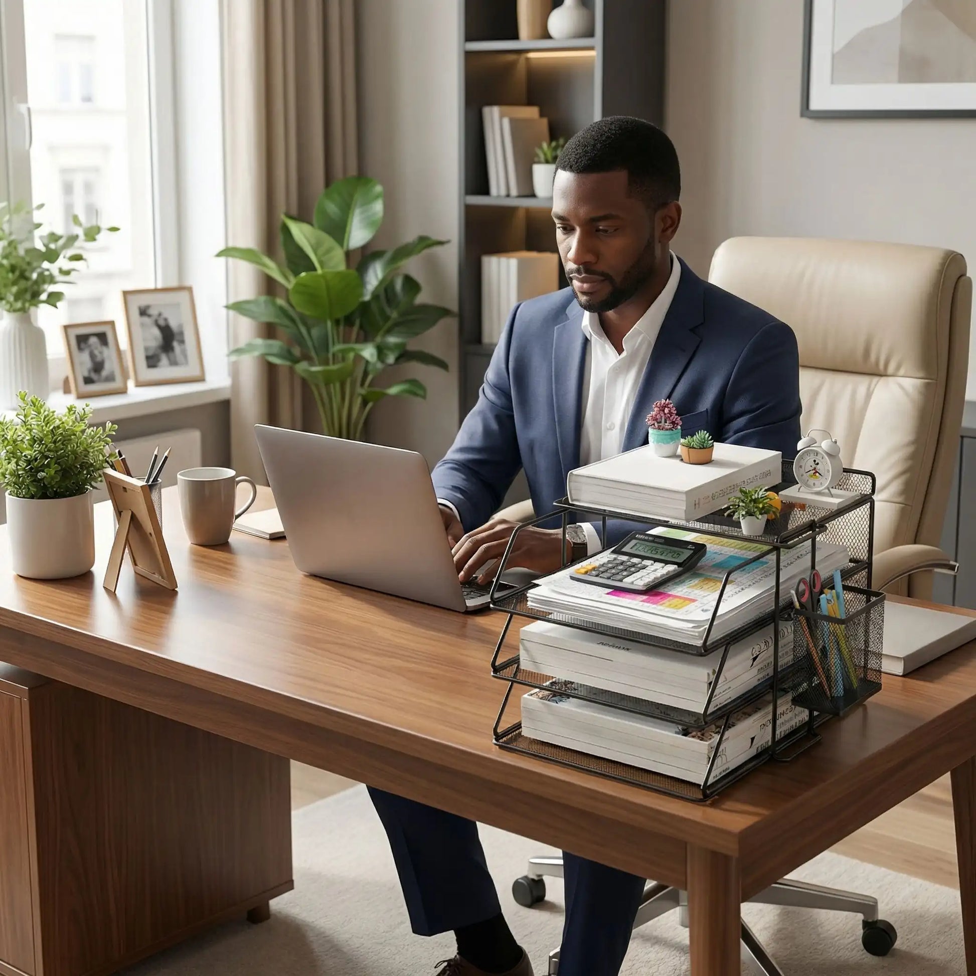homme au travail avec organisateur de bureau noir