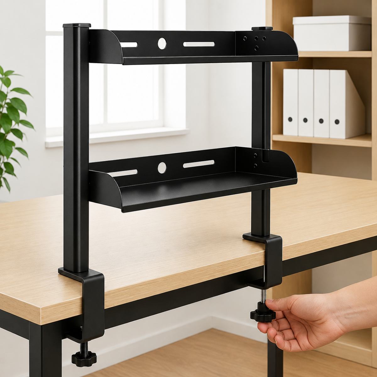 Bureau étagère Nivaro avec fixation par serrage sans perçage.