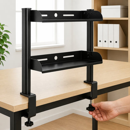 Bureau étagère Nivaro avec fixation par serrage sans perçage.