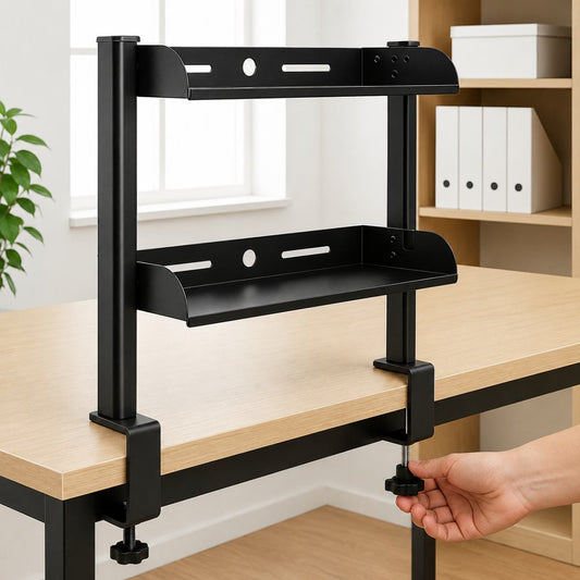 Bureau étagère Nivaro avec fixation par serrage sans perçage.