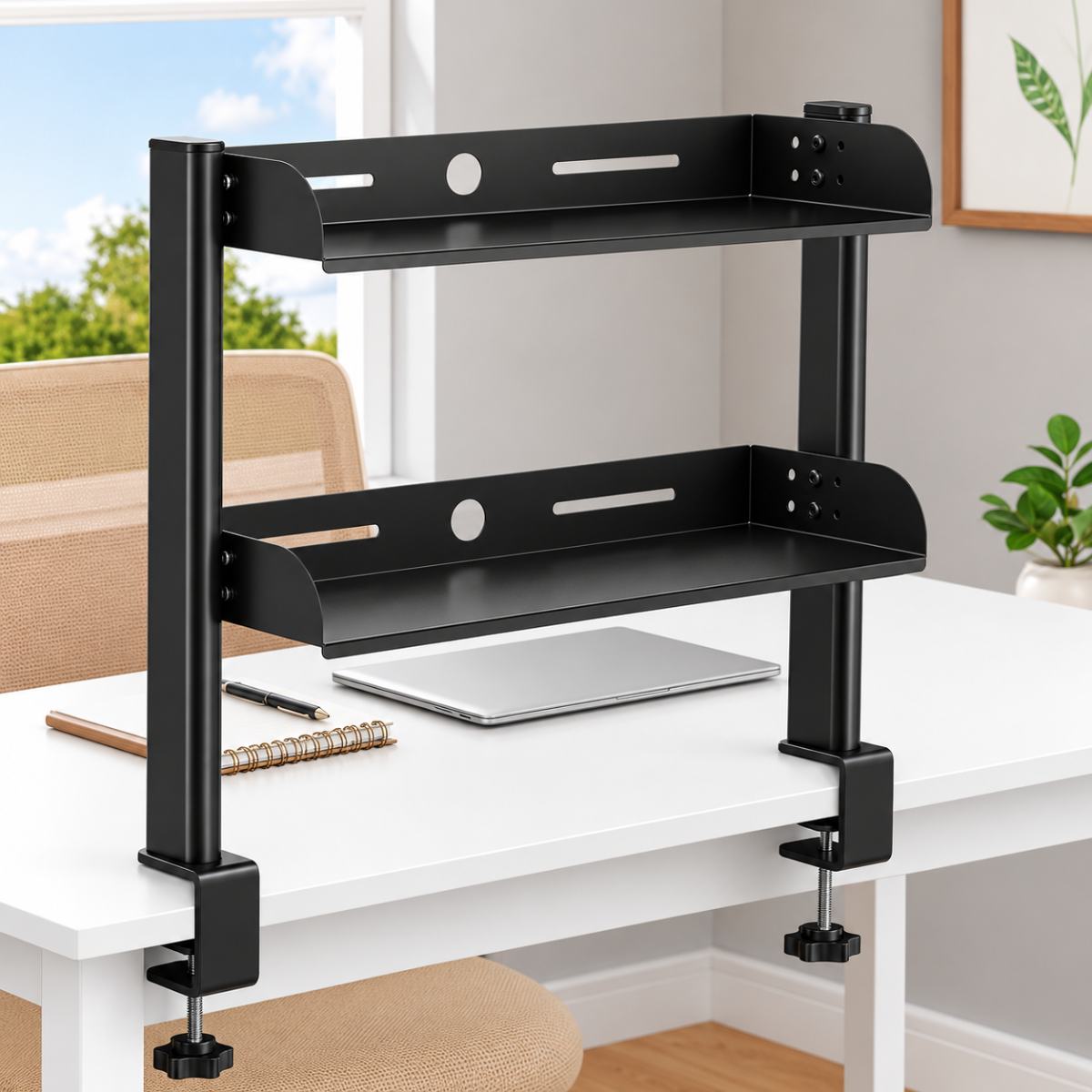 Bureau étagère Nivaro en acier noir robuste et durable.