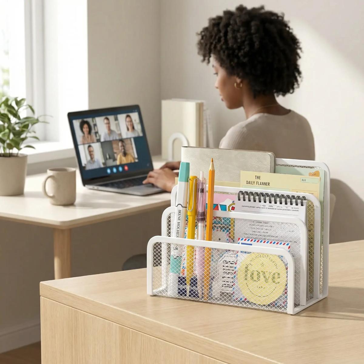 organisateur bureau blanc triana femme travaillant en visioconférence