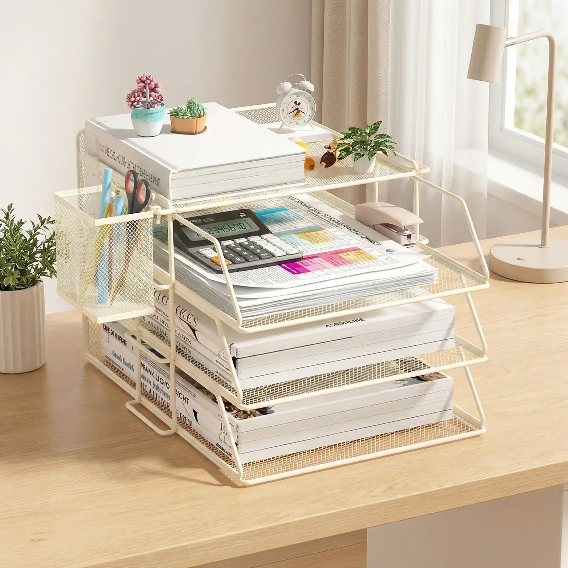 organisateur de bureau beige avec porte-crayon latéral