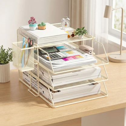 organisateur de bureau beige avec porte-crayon latéral