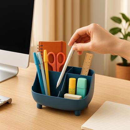 organisateur de bureau bleu foncé six compartiments avec fournitures