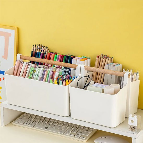 organisateur de bureau compartimenté avec poignée en bois