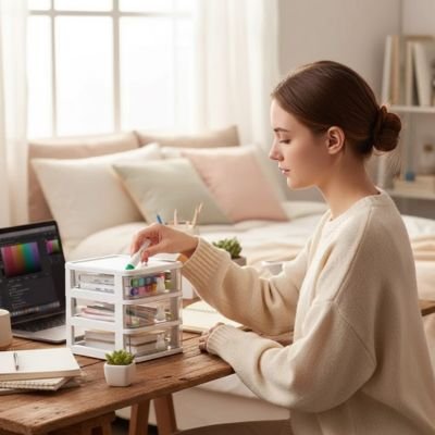 Organisateur de bureau Luniva en plastique léger pour déplacement facile.