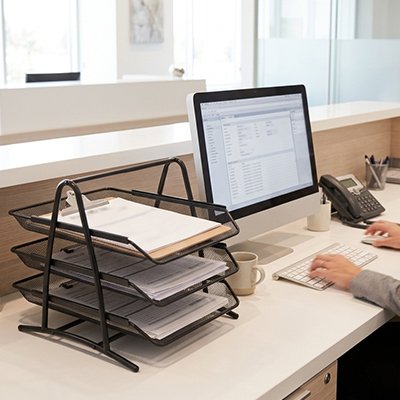 Organisateur de bureau Traylix vertical libérant la surface du bureau en optimisant l’espace.