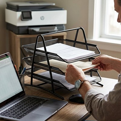 Organisateur de bureau Traylix en métal grillagé à trois niveaux pour classement efficace.