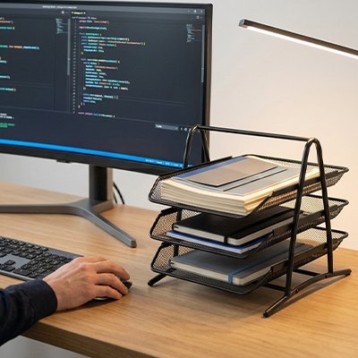 Organisateur de bureau Traylix avec montants latéraux arqués pour stabilité et style moderne.