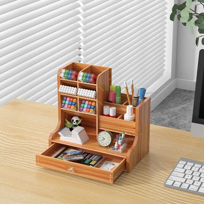 Organisateur de bureau avec tiroir inférieur coulissant pour documents et fournitures.