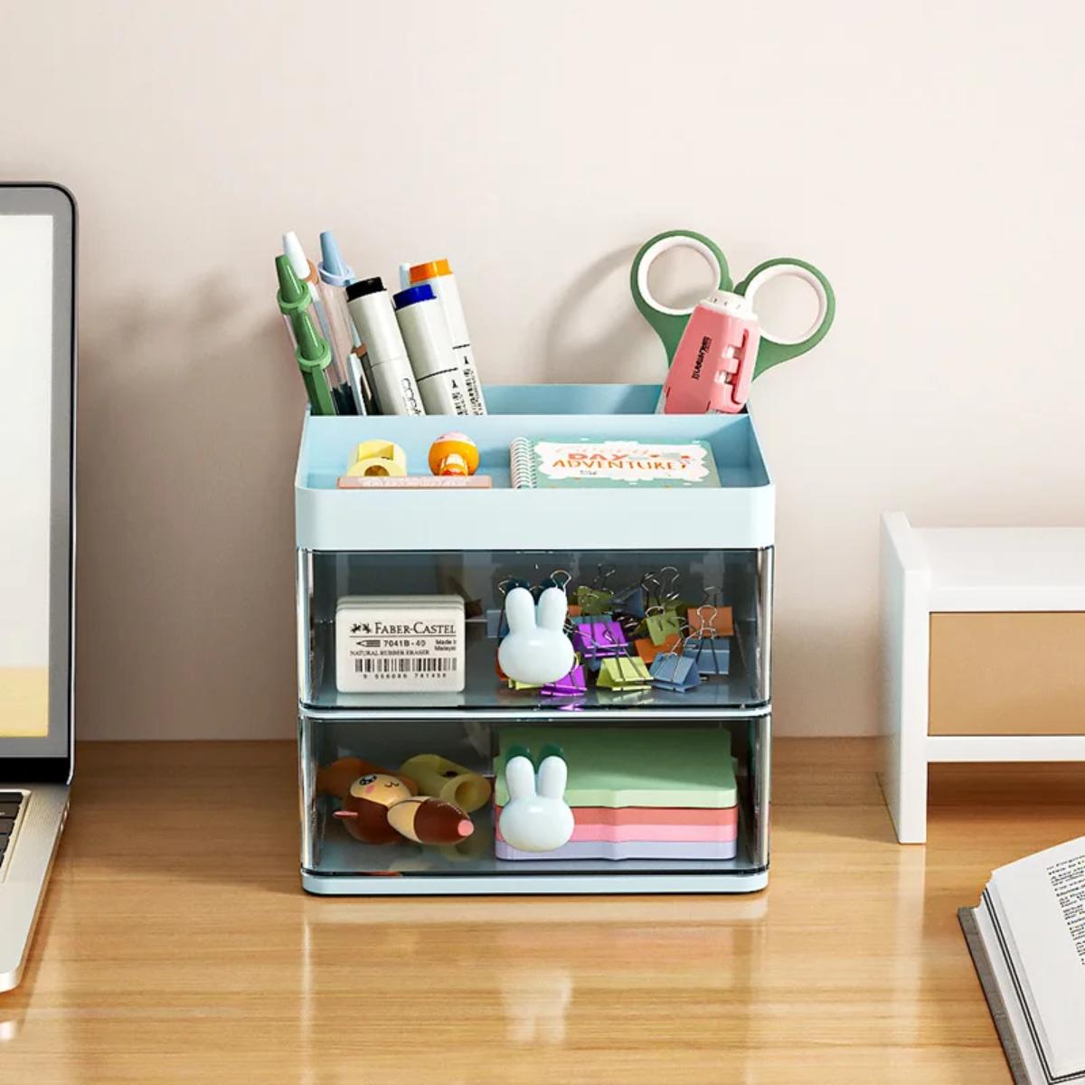 organiseur de bureau bleu claritybox avec fournitures varies