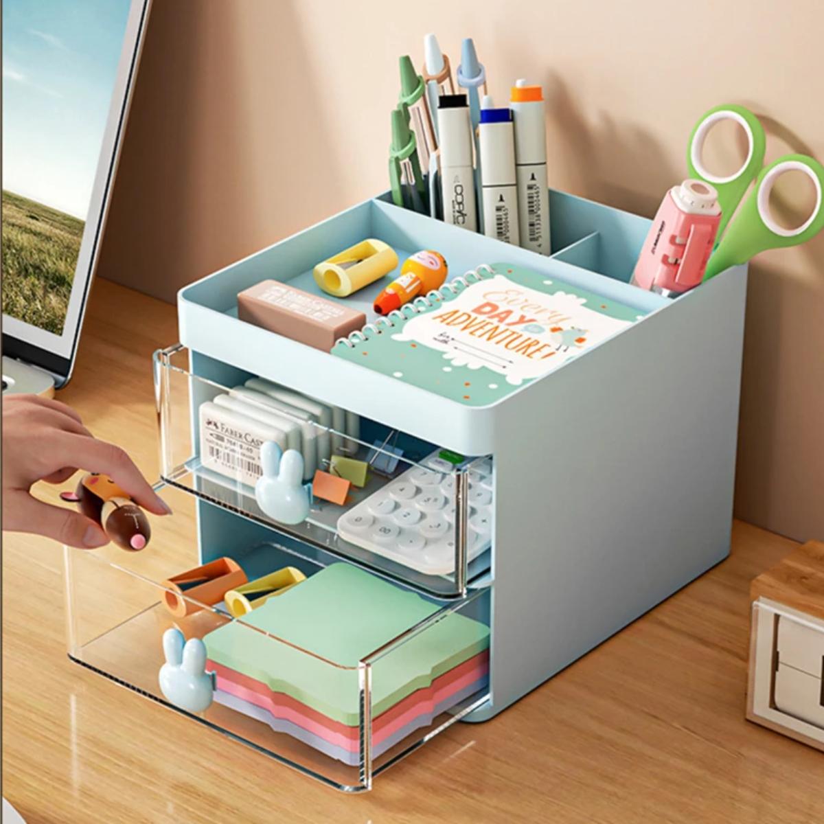 organiseur de bureau bleu claritybox avec tiroir ouvert