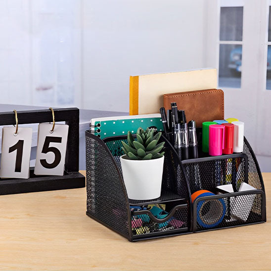 organiseur de bureau noir design mesh avec fournitures