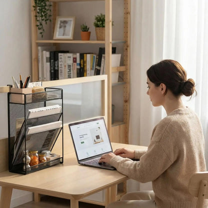 Femme travaillant avec organiseur pour bureau vertical quatre compartiments, espace optimisé