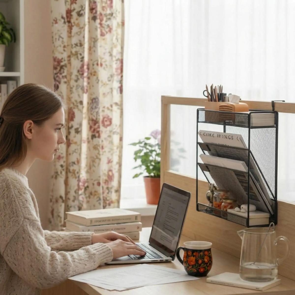 Femme travaillant avec organiseur pour bureau vertical quatre compartiments, gain d’espace