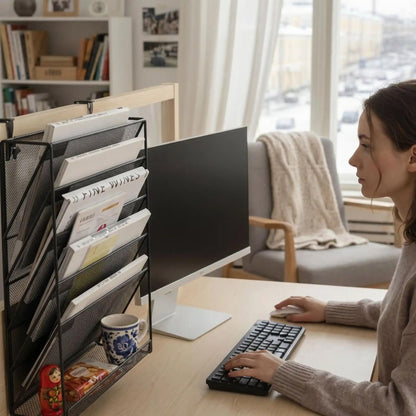  Femme au bureau avec organiseur pour bureau six rangements latéral pour papiers et dossiers visibles ».
