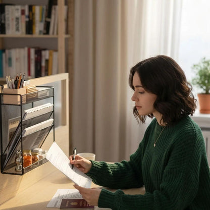 Jeune femme lisant avec organiseur pour  bureau quatre compartiments design minimaliste 