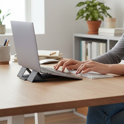 Support ordinateur Plyvex avec conception triangulaire stable et ergonomique.