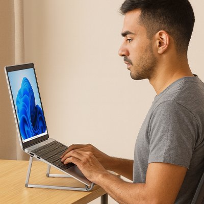 Support Ergolyx avec angle d’élévation ergonomique pour posture améliorée.