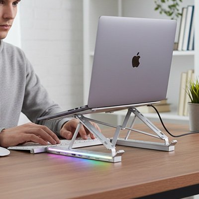 Support ordinateur portable Flexyra avec conception triangulaire stable.