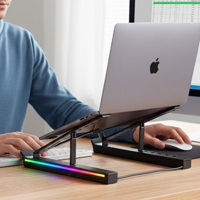Support ordinateur portable Flexyra avec éclairage RGB intégré décoratif.