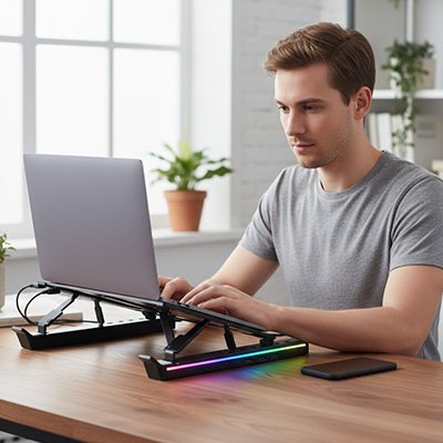 Support ordinateur portable Flexyra compatible avec diverses tailles de laptops.