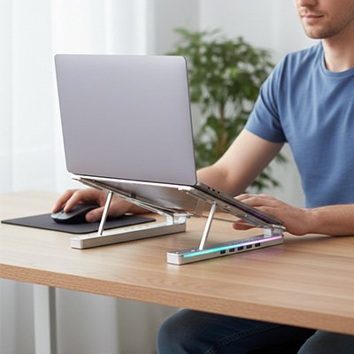Support ordinateur portable Flexyra compatible avec diverses tailles de laptops.