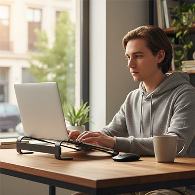 Support pc portable Inclia avec angle d’inclinaison optimisé pour confort visuel.