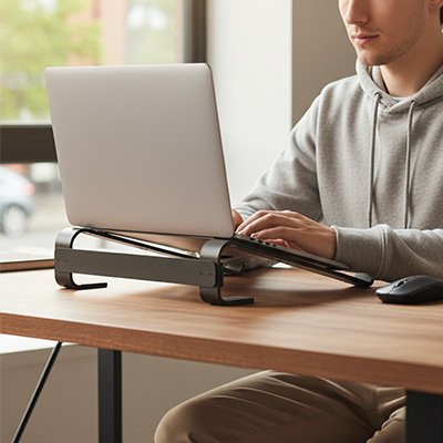 Support pc portable Inclia construction robuste en métal pour stabilité et durabilité.