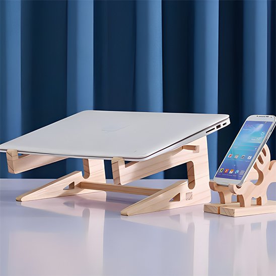 Support PC portable Woodlyx en bois naturel robuste et esthétique.