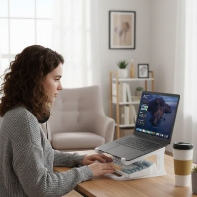 Support ordinateur portable Yroflex favorisant une posture saine et ergonomique.
