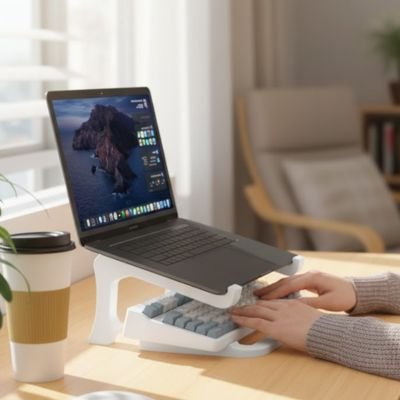 Support ordinateur portable Yroflex libérant la surface du bureau avec rangement.